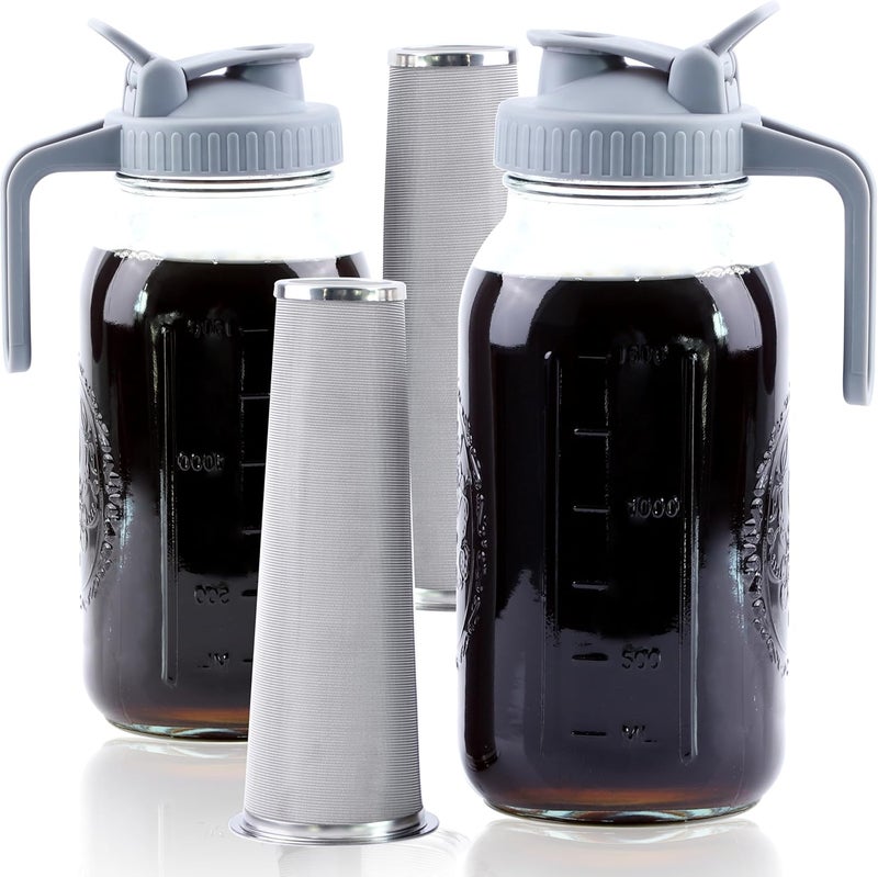 GMSWEET Cold Brew Coffee Maker 64 Oz Mason Jar Cold Brew Pitcher With Strainer 2 Set Half Gallon Wide Mouth Glass Iced Coffee Maker With Spout Lids 2 Quart Glass Pitcher For Fridge, Lemonade, Cold Brew - Image 1